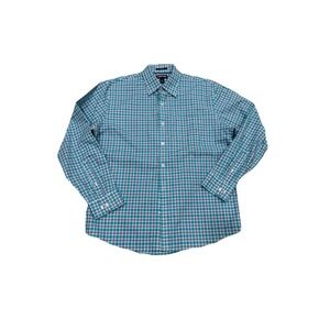 Lands' End Men L 16-16.5 Button Shirt Green‎ Blue Traditional Fit No Iron Twill